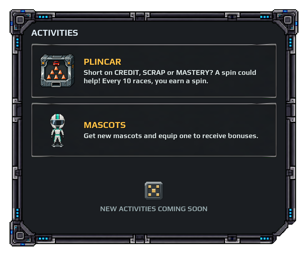 Activities panel with Plincar and Mascots