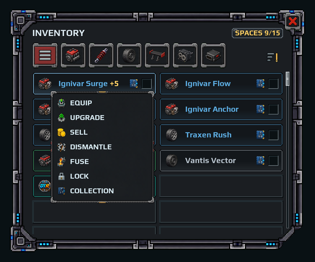 Inventory context menu with the part's options