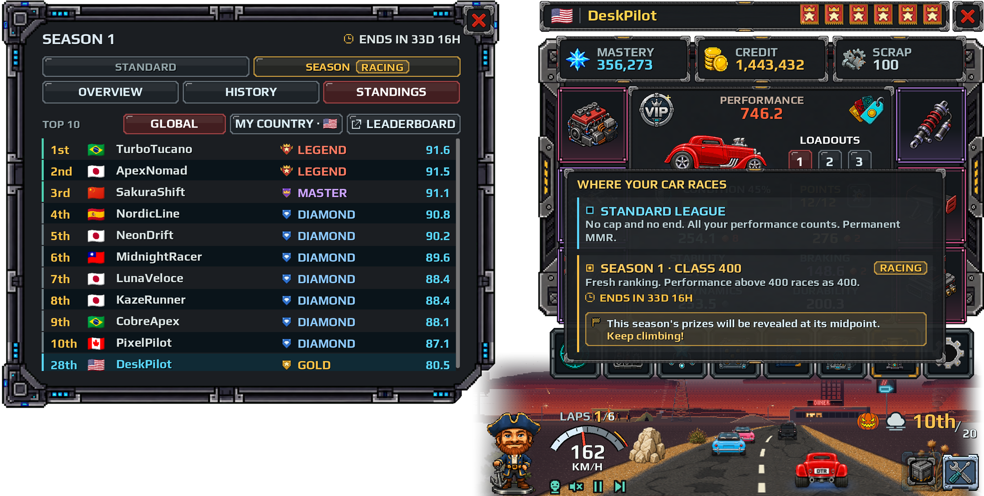 Trophy button list with the Standard League and Season 1, Class 400, marked as in progress
