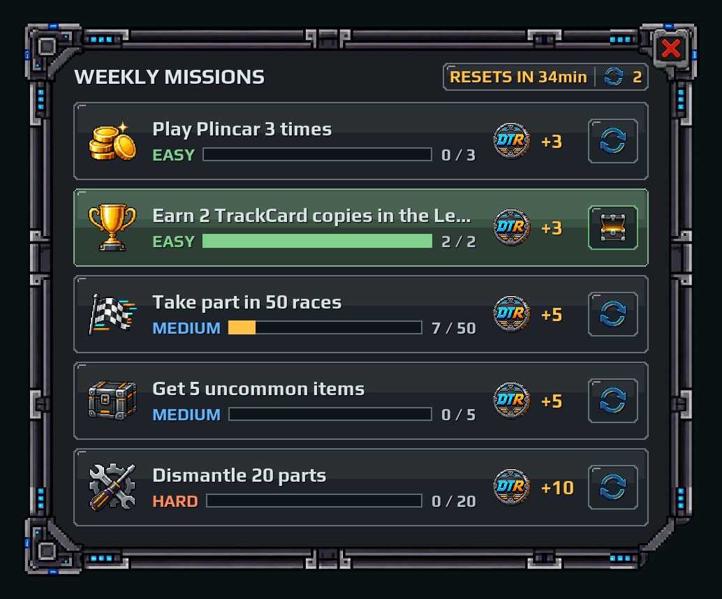 Weekly Missions panel with five missions