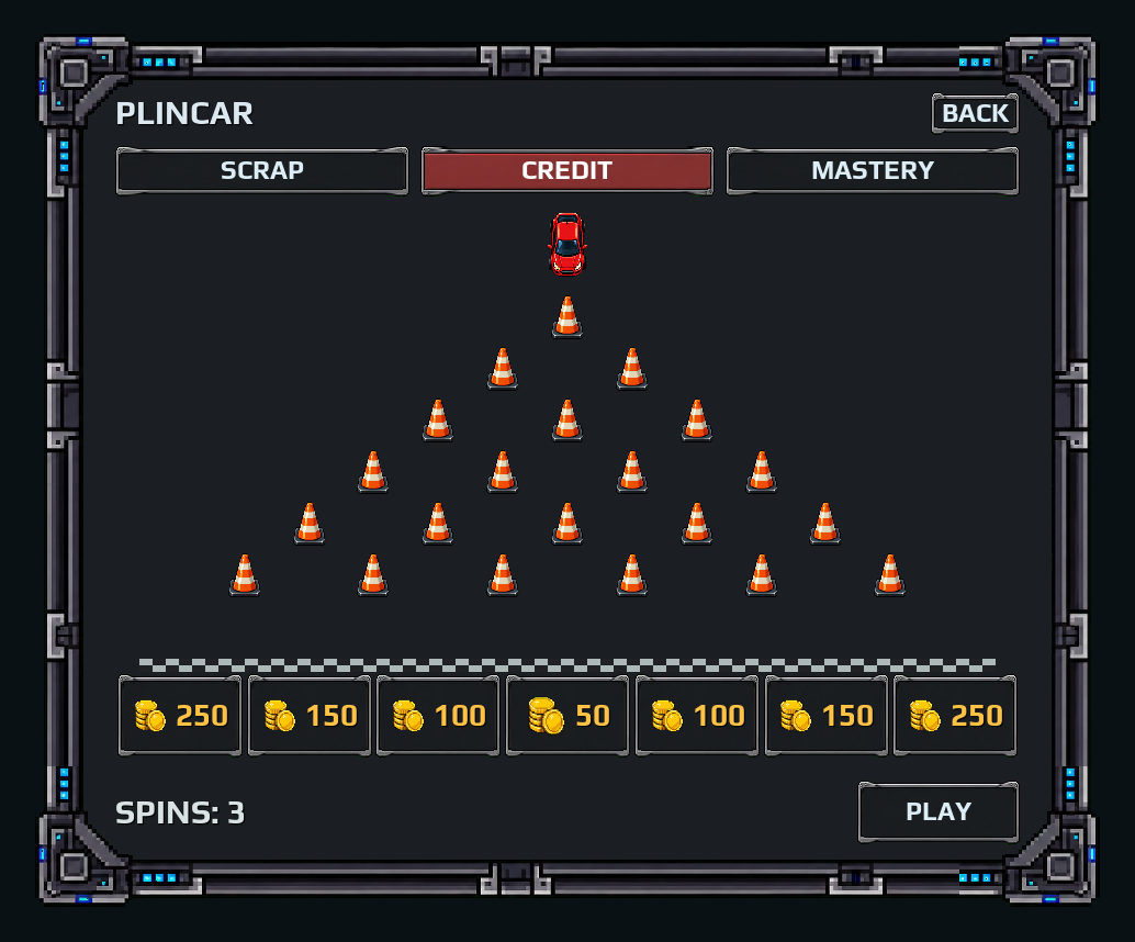 Plincar with Credit selected and three spins available