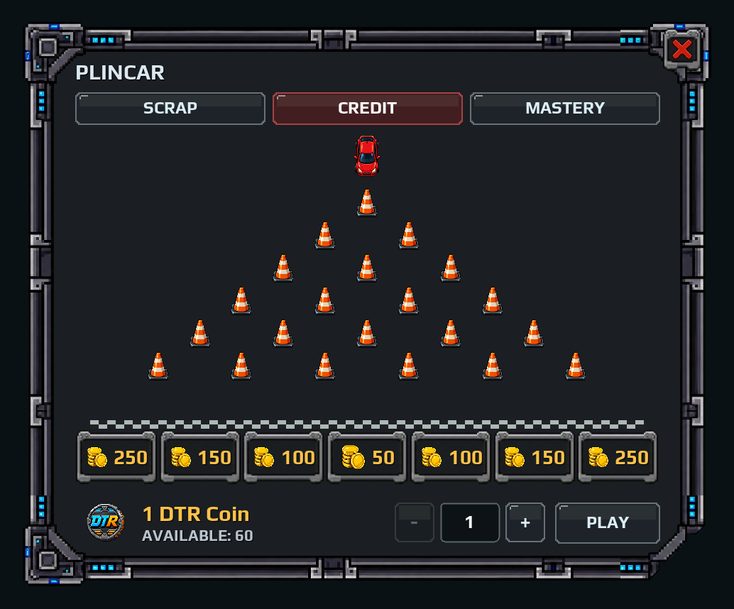 Plincar with Credit selected, the quantity selector and the 1 DTR Coin cost