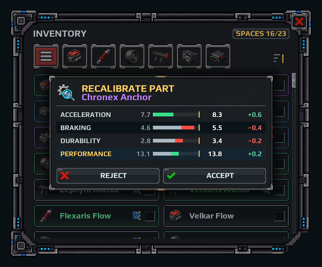 The Recalibration window with the current split, the new split and the Reject and Accept buttons