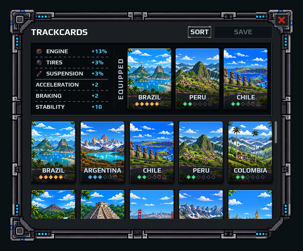 Panel de TrackCards con el set equipado y la colección